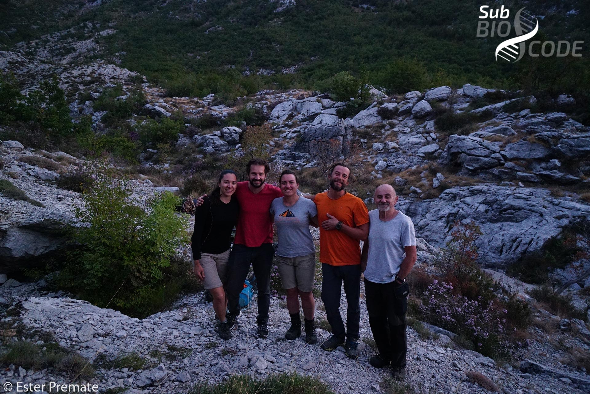 Group photo after a long day of caving (Ester, Hans, Behare, Teo, Branko).